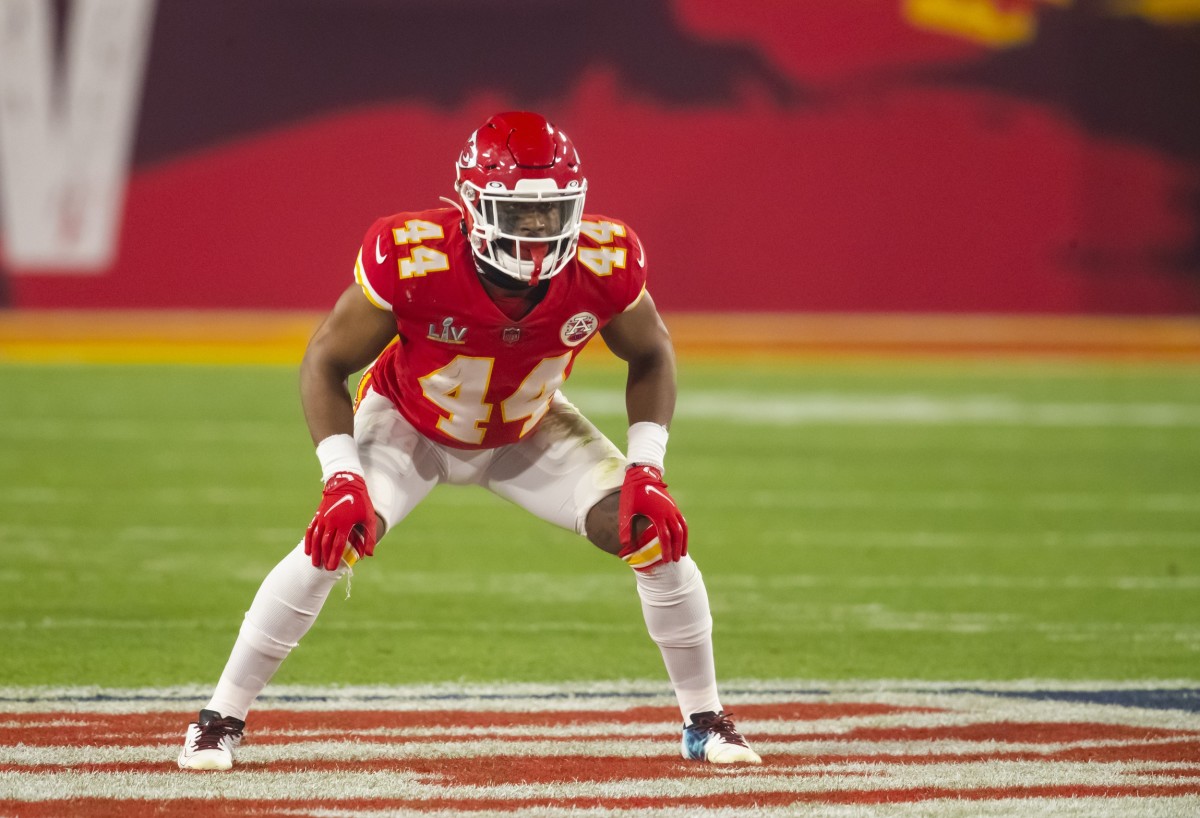 Feb 4, 2021; Tampa, FL, USA; Kansas City Chiefs linebacker Dorian O'Daniel (44) against the Tampa Bay Buccaneers in Super Bowl LV at Raymond James Stadium. Mandatory Credit: Mark J. Rebilas-USA TODAY Sports
